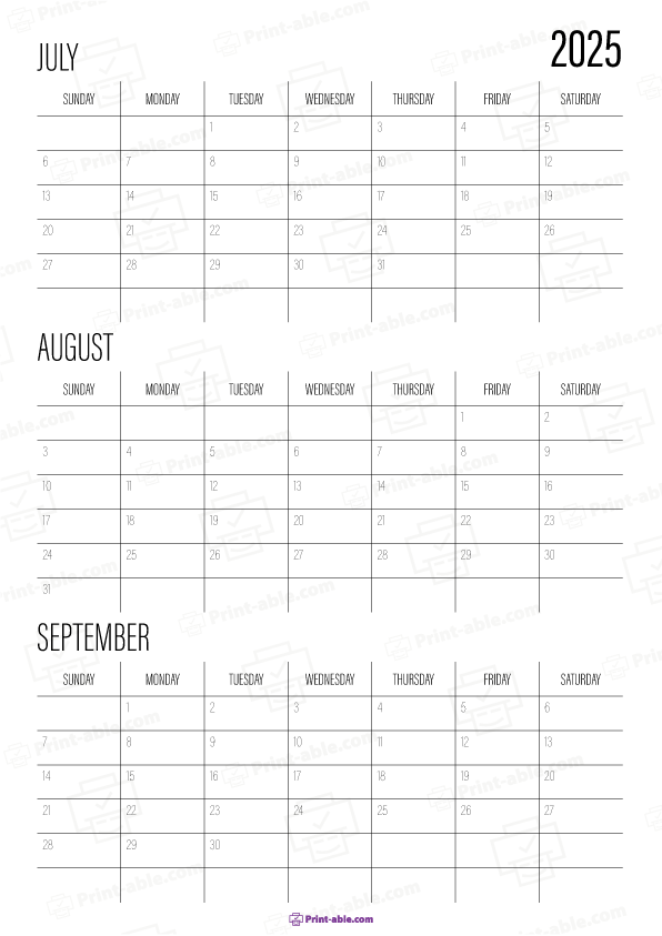 July to September 2025 Calendar (Quarter 3) Printable Free Download