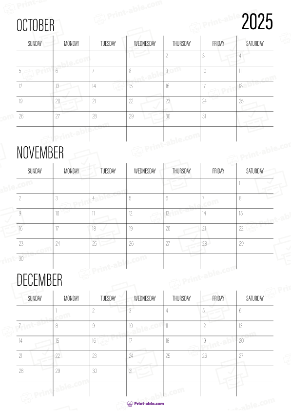 October to December 2025 Calendar Free Download