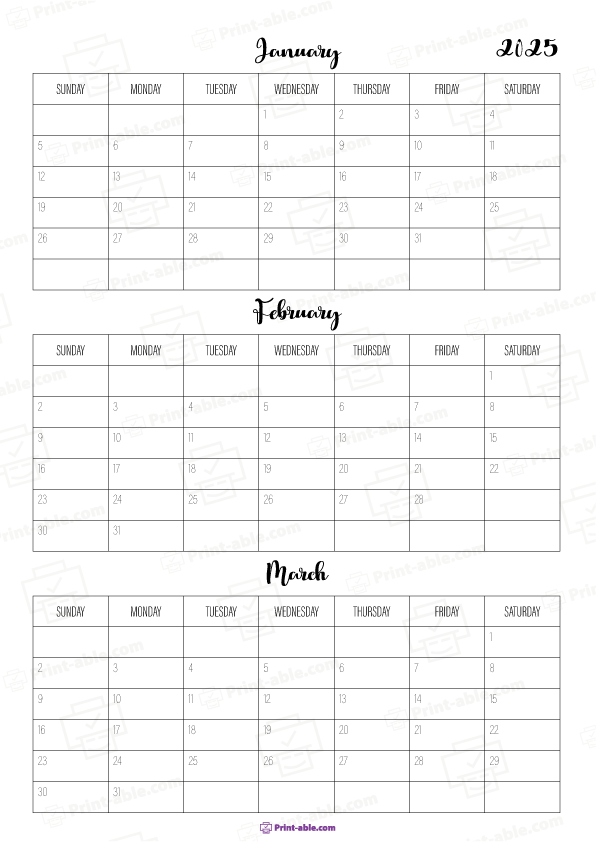 January to March 2025 Calendar Free Download