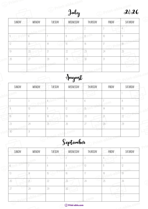 July to September 2026 Calendar (Quarter 3) Printable Free Download