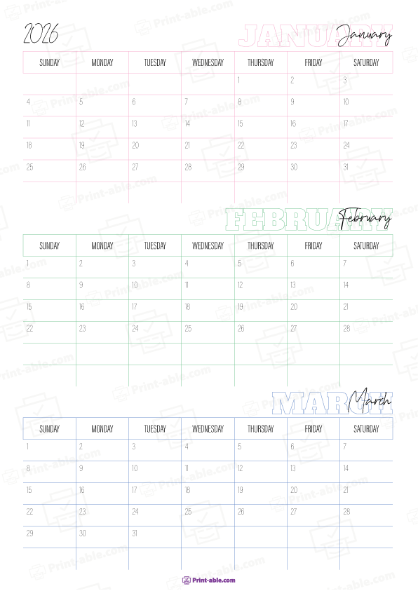 January to March 2026 Calendar Free Download