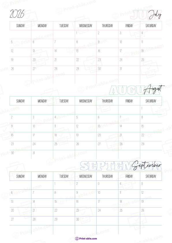 July to September 2026 Calendar (Quarter 3) Printable Free Download