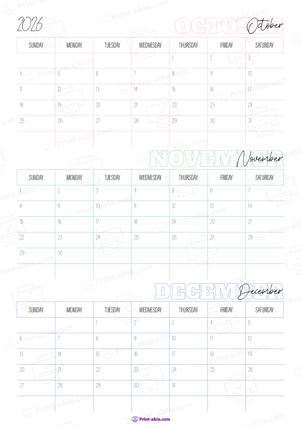 October to December 2026 Calendar (Quarter 4) Printable Free Download