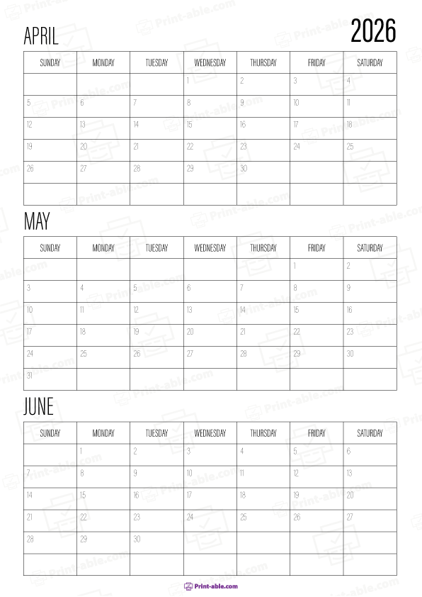 April to June 2026 Calendar Free Download