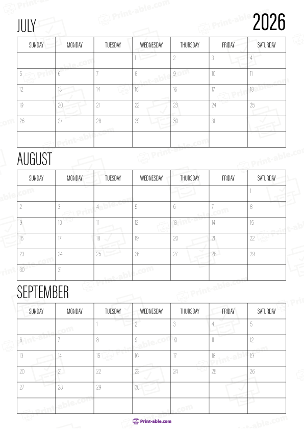 July to September 2026 Calendar (Quarter 3) Printable Free Download