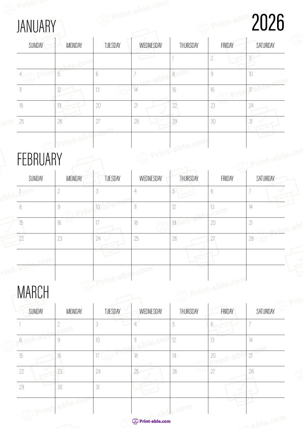 January to March 2026 Calendar (Quarter 1) Printable Free Download