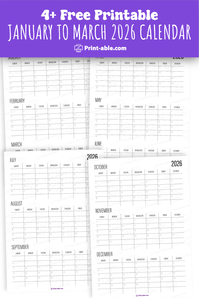 January to march 2026 calendar