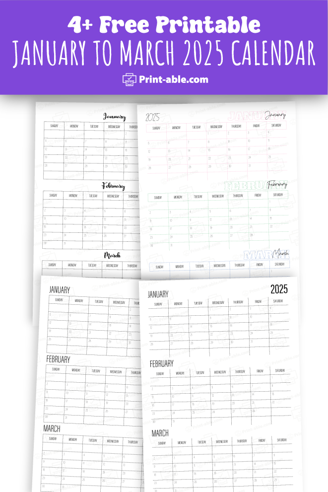 january to march calendar 2025 printable free download