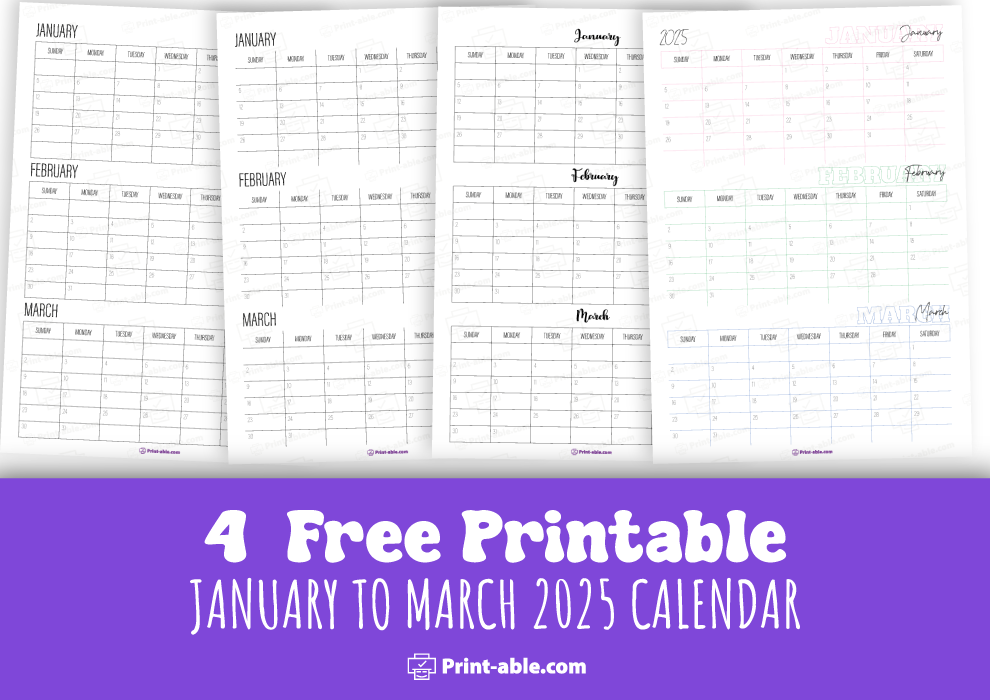 january to march calendar 2025 printable free download