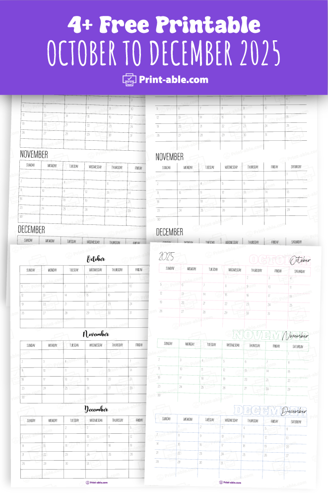 october to december 2025 calendar printable free download