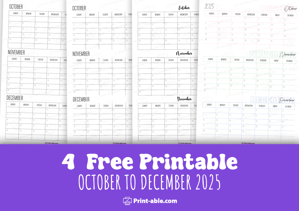 october to december 2025 calendar printable free download