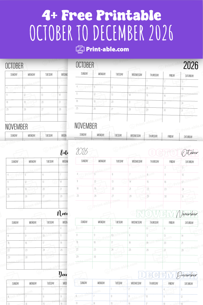 october to december 2026 calendar printable