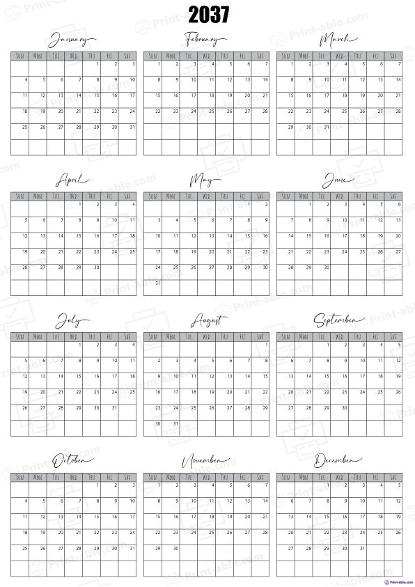 2037 Calendar Free Download