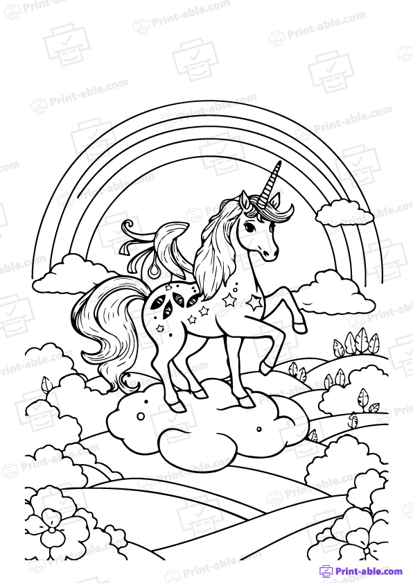 Unicorn and Rainbow Coloring Page Free Download