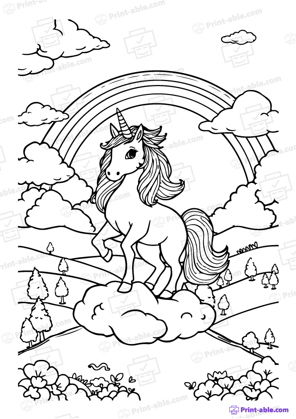 Unicorn and Rainbow Coloring Page Free Download