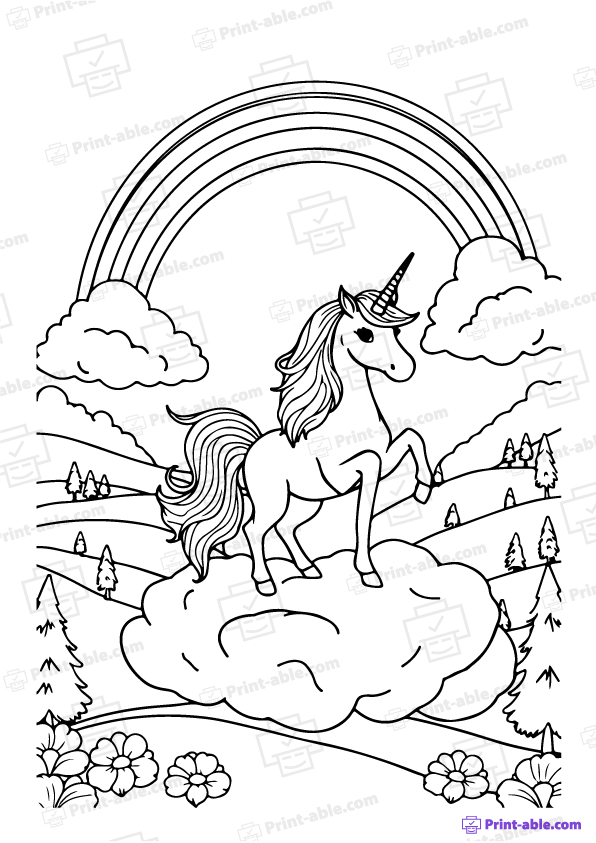 Unicorn and Rainbow Coloring Page Free Download