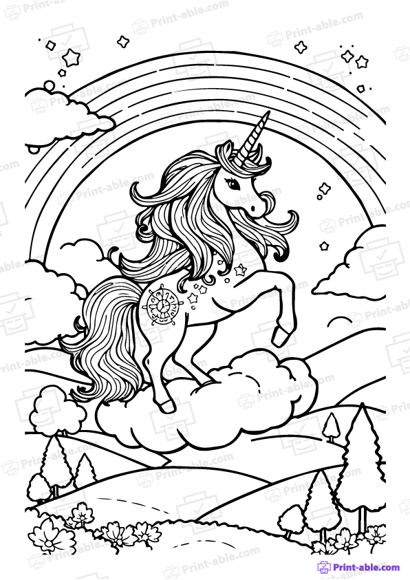 Unicorn and Rainbow Coloring Page Free Download