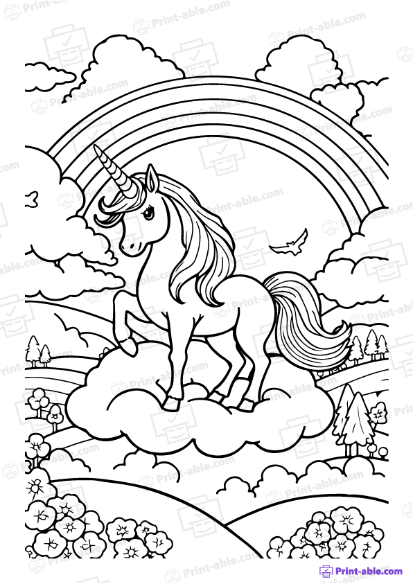 Unicorn and Rainbow Coloring Page Free Download